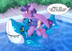 Size: 4093x2894 | Tagged: safe, artist:sugaryviolet, twilight sparkle, alicorn, pony, g4, :t, armband, blue and white inflatable shark, blue inflatable shark, blushing, commission, dusk shine, ears back, eye clipping through hair, eyebrows, eyebrows visible through hair, fetish, floppy ears, high res, implied princess celestia, implied princess luna, inflatable, inflatable armbands, inflatable fetish, inflatable shark, inner tube, intex, intex friendly shark, male, offscreen character, onomatopoeia, opaque inflatable, pool toy, rule 63, solo, speech bubble, stallion, swimming pool, twilight sparkle (alicorn), water wings, wearing inflatable