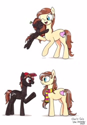 Size: 2453x3495 | Tagged: safe, artist:killerteddybear94, button mash, oc, oc:cream heart, pony, g4, clothes, colt, cream heart and button mash:best mother and son, cute, duo, female, foal, hat, high res, hug, male, mother and child, mother and son, older, older button mash, older cream heart, open mouth, scarf, smiling, traditional art
