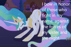 Size: 1052x709 | Tagged: safe, edit, edited screencap, screencap, princess celestia, alicorn, pony, derpibooru, g4, magical mystery cure, caption, cropped, image macro, meta, solo, text