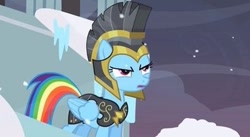 Size: 375x205 | Tagged: safe, screencap, commander hurricane, rainbow dash, pegasus, pony, g4, hearth's warming eve (episode), armor, female, hearth's warming eve, mare, solo