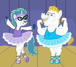 Size: 1600x1411 | Tagged: safe, bulk biceps, pegasus, pony, unicorn, g4, ballerina, ballet, ballet slippers, clothes, comedy, fabio, funny, silly, snow, snowflake, tutu, tutus