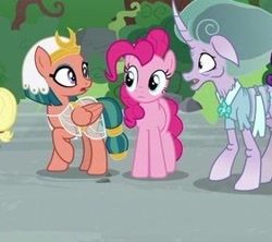 Size: 280x249 | Tagged: safe, screencap, mistmane, pinkie pie, somnambula, earth pony, pony, g4, shadow play, clothes, eye contact, horn, looking at each other, looking at someone, see-through