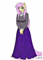 Size: 2474x3498 | Tagged: safe, artist:killerteddybear94, fluttershy, anthro, g4, clothes, ear piercing, earring, fluttergoth, goth, high res, jewelry, long skirt, looking at you, necklace, piercing, skirt, smiling, solo, traditional art