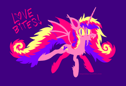 Size: 1316x900 | Tagged: safe, artist:msponies, princess cadance, alicorn, bat pony, bat pony alicorn, pony, g4, alternate cutie mark, bat ponified, bat wings, blue background, fangs, februpony, female, flying, heart, horn, leg fluff, limited palette, lineless, looking at you, lovebat, mare, messy mane, messy tail, ms paint, open mouth, open smile, pun, purple background, race swap, simple background, slit pupils, smiling, solo, species swap, spread wings, tail, wings