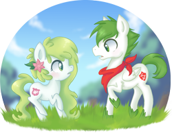 Size: 1353x1052 | Tagged: safe, artist:ne-chi, oc, oc:gracidea, pony, shaymin, bandana, first meeting, looking at each other, looking at someone, mythical pokémon, open mouth, pokémon, raised hoof, simple background, transparent background