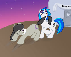Size: 3000x2400 | Tagged: safe, artist:mistylake, dj pon-3, octavia melody, vinyl scratch, earth pony, pony, unicorn, g4, biting, dragging, duo, female, high res, tail, tail bite, tail pull