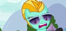 Size: 530x254 | Tagged: safe, screencap, lightning dust, pegasus, pony, g4, the washouts (episode), looking down, solo, sunglasses