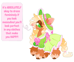 Size: 1280x1071 | Tagged: safe, artist:peaceandlove26, applejack, earth pony, pony, g4, alternate design, clothes, dress, hat, masculine, positive message, puffy sleeves, solo, speech bubble