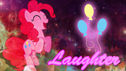 Size: 1920x1080 | Tagged: safe, artist:blackgryph0n, artist:dalekstugaming, artist:peachspices, edit, pinkie pie, earth pony, pony, g4, bipedal, cutie mark, eyes closed, female, happy, mare, open mouth, open smile, ponyville, smiling, solo, stars, translucent, wallpaper, wallpaper edit