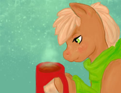 Size: 1024x792 | Tagged: safe, artist:mistylake, oc, oc only, earth pony, pony, drink, earth pony oc, hoof hold, male, mug, solo