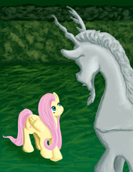 Size: 1024x1326 | Tagged: safe, artist:mistylake, discord, fluttershy, draconequus, pegasus, pony, g4, discord statue, female, male