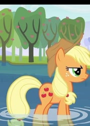 Size: 275x385 | Tagged: safe, screencap, applejack, earth pony, pony, g4, keep calm and flutter on, apple, apple tree, applejack's hat, cowboy hat, hat, legs in the water, outdoors, partially submerged, tree, water