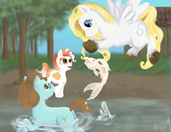 Size: 1024x792 | Tagged: safe, artist:mistylake, oc, oc only, carp, earth pony, fish, pegasus, pony, earth pony oc, female, male, pegasus oc, pond, trio, water