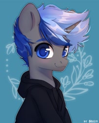 Size: 1454x1800 | Tagged: safe, artist:shelti, oc, oc only, oc:orion, pony, unicorn, blushing, bust, clothes, colored pupils, commission, happy, hoodie, horn, long sleeves, male, simple background, sitting, smiling, solo, stallion, teal background