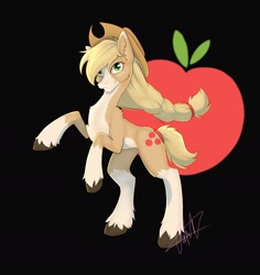 Size: 1440x1524 | Tagged: safe, artist:shackle_moon, part of a set, applejack, earth pony, pony, g4, apple, applejack's hat, black background, cowboy hat, cutie mark background, food, hat, rearing, redesign, simple background, solo