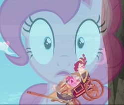 Size: 481x406 | Tagged: safe, screencap, cherry jubilee, pinkie pie, earth pony, pony, g4, party pooped, carriage, cropped, fading, female, mare, this will not end well, wheel