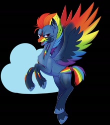 Size: 1440x1630 | Tagged: safe, artist:shackle_moon, part of a set, rainbow dash, pegasus, pony, g4, black background, cloud, colored muzzle, colored wings, redesign, scar, simple background, solo, spread wings, wings