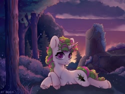 Size: 2000x1500 | Tagged: safe, artist:shelti, oc, oc only, oc:rachel rascal, pony, unicorn, bush, cloud, colored pupils, commission, curly hair, female, forest, grass, happy, looking at you, lying down, mare, outdoors, rock, sky, smiling, solo, sunset, tree, unshorn fetlocks