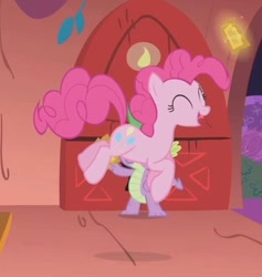 Size: 378x398 | Tagged: safe, screencap, pinkie pie, spike, dragon, earth pony, pony, g4, the ticket master, cropped, duo, female, hopping, male, mare, solo focus