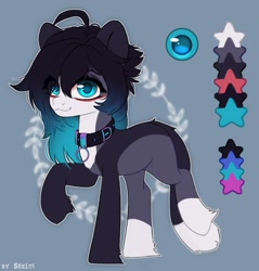 Size: 1624x1700 | Tagged: safe, artist:shelti, oc, oc only, earth pony, pony, bald face, blaze (coat marking), blue background, coat markings, collar, colored pupils, facial markings, female, looking at you, mare, raised hoof, raised leg, reference sheet, simple background, socks (coat markings), solo
