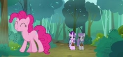 Size: 422x197 | Tagged: safe, screencap, maud pie, pinkie pie, starlight glimmer, earth pony, pony, unicorn, g4, rock solid friendship, eyes closed, trio