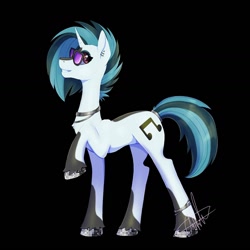 Size: 1440x1440 | Tagged: safe, artist:shackle_moon, dj pon-3, vinyl scratch, pony, unicorn, g4, black background, profile, raised hoof, redesign, side view, signature, simple background, solo, sunglasses, unshorn fetlocks