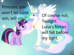 Size: 828x619 | Tagged: safe, edit, edited screencap, screencap, princess celestia, twilight sparkle, alicorn, pony, unicorn, derpibooru, g4, magical mystery cure, caption, cropped, downvote bait, duo, image macro, meta, op is a duck, propaganda, text, unicorn twilight