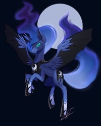 Size: 1440x1800 | Tagged: safe, artist:shackle_moon, nightmare moon, princess luna, alicorn, pony, g4, dark background, flying, full moon, moon, redesign, solo