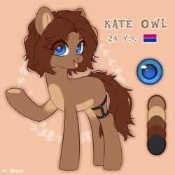 Size: 1700x1700 | Tagged: safe, artist:shelti, oc, oc only, oc:owl, earth pony, pony, colored pupils, countershading, female, happy, looking at you, mare, open mouth, peach background, reference sheet, simple background, solo, standing, underhoof