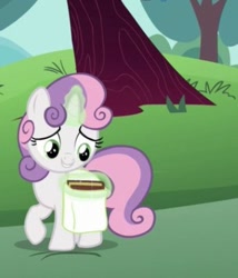 Size: 323x378 | Tagged: safe, screencap, sweetie belle, pony, unicorn, g4, the cart before the ponies, bag, book, cropped, female, filly, foal, levitation, looking down, magic, saddle bag, solo, telekinesis