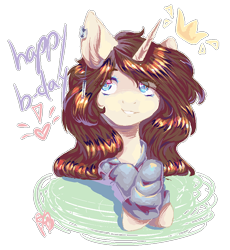 Size: 792x861 | Tagged: safe, artist:prettyshinegp, oc, oc only, pony, unicorn, bust, ear piercing, earring, female, happy birthday, horn, jewelry, mare, piercing, solo, unicorn oc