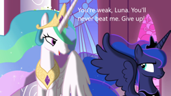 Size: 1280x720 | Tagged: safe, edit, edited screencap, screencap, princess celestia, princess luna, alicorn, pony, derpibooru, g4, the crystal empire, caption, downvote bait, duo, image macro, meta, op is a duck, royal sisters, siblings, sisters, text