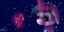 Size: 2000x1000 | Tagged: safe, artist:ryma2001, twilight sparkle, pony, g4, female, floppy ears, flower, glowing, glowing horn, horn, magic, snow, snowfall, solo, telekinesis