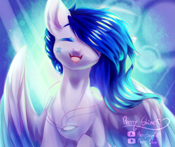 Size: 2667x2249 | Tagged: safe, artist:prettyshinegp, oc, oc only, pegasus, pony, abstract background, bust, female, hair over one eye, high res, mare, pegasus oc, signature, smiling, solo, wings