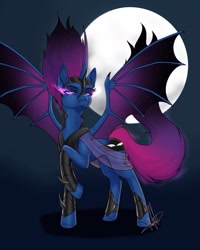 Size: 1440x1797 | Tagged: safe, artist:shackle_moon, oc, oc only, oc:shackle, alicorn, bat pony, bat pony alicorn, pony, alicorn oc, bat wings, concave belly, female, full moon, glowing, glowing eyes, horn, mare, moon, offspring, parent:king sombra, parent:nightmare moon, parents:sombramoon, raised hoof, solo, spread wings, wings