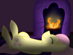 Size: 400x300 | Tagged: safe, artist:fluttershydaily, fluttershy, g4, eyes closed, fire, fireplace, hooves up, legs in air, lying down, on back