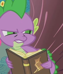 Size: 346x403 | Tagged: safe, screencap, pinkie pie, spike, dragon, g4, owl's well that ends well, book, cropped, male, offscreen character, reaction image, solo