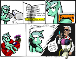 Size: 961x743 | Tagged: safe, artist:obsequiosity, bon bon, lyra heartstrings, sweetie drops, earth pony, human, pony, unicorn, g4, comic, female, food, gun, orville redenbacher, phone, popcorn, weapon