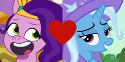 Size: 1000x500 | Tagged: safe, edit, edited screencap, screencap, pipp petals, trixie, pegasus, pony, unicorn, g4, g5, mane melody, my little pony: tell your tale, spoiler:g5, spoiler:my little pony: tell your tale, spoiler:tyts01e05, episode needed, female, heart, lesbian, ship:pippxie, shipping, shipping domino