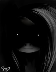 Size: 2153x2786 | Tagged: safe, artist:minckies, fluttershy, pegasus, pony, g4, creepy, dark, female, grayscale, high res, mare, monochrome, signature, smiling, solo