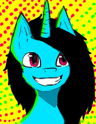 Size: 2153x2786 | Tagged: safe, artist:minckies, oc, oc only, pony, unicorn, bust, female, grin, high res, horn, mare, polka dot background, smiling, solo, unicorn oc