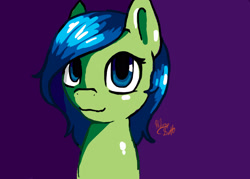 Size: 2100x1500 | Tagged: safe, artist:minckies, oc, oc only, earth pony, pony, earth pony oc, female, mare, purple background, signature, simple background, solo