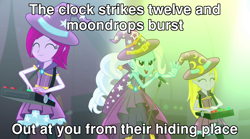 Size: 1280x714 | Tagged: safe, edit, edited screencap, screencap, fuchsia blush, lavender lace, trixie, human, equestria girls, g4, my little pony equestria girls: rainbow rocks, astronomy (song), blue oyster cult, caption, female, image macro, microphone, singing, song reference, text, trio, trio female, trixie and the illusions