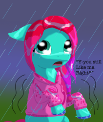 Size: 1600x1900 | Tagged: safe, artist:php176, derpibooru exclusive, jazz hooves, earth pony, pony, g5, clothes, female, gradient background, hoodie, hoof polish, lineless, looking at you, mare, open mouth, question, rain, raised hooves, sad, shading, shaking, shivering, solo, talking to viewer, text, wet, wet clothes, wet mane