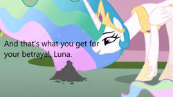 Size: 1054x592 | Tagged: safe, edit, edited screencap, screencap, princess celestia, alicorn, pony, derpibooru, a bird in the hoof, g4, caption, downvote bait, image macro, implied death, implied princess luna, meta, op is a duck, solo, text