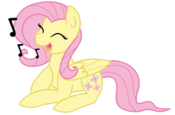 Size: 400x262 | Tagged: safe, artist:fluttershydaily, fluttershy, pegasus, pony, g4, eyes closed, lying down, music notes, open mouth, open smile, prone, simple background, singing, smiling, transparent background