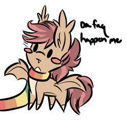 Size: 2000x2000 | Tagged: safe, artist:emberslament, derpibooru exclusive, oc, oc only, oc:pitch kritter pine, bat pony, changeling, blush sticker, blushing, clothes, cute, digital art, ear fluff, high res, male, missing cutie mark, scarf, simple background, solo, stallion, striped scarf, text, transparent background, two toned mane