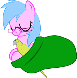 Size: 507x516 | Tagged: safe, artist:sarahstudios11, oc, oc only, oc:artie brush, oc:colby, bird, parrot, pegasus, pony, blanket, cuddling, pegasus oc, simple background, sleeping