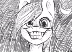Size: 2100x1500 | Tagged: safe, artist:minckies, derpy hooves, pegasus, pony, g4, adoracreepy, black and white, creepy, creepy grin, creepy smile, crescent moon, cute, female, grayscale, grin, mare, monochrome, moon, smiling, solo