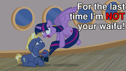 Size: 1280x720 | Tagged: safe, edit, edited screencap, screencap, star tracker, twilight sparkle, alicorn, earth pony, pony, g4, once upon a zeppelin, airship, angry, camera, caption, female, image macro, male, mare, stallion, text, twilight sparkle (alicorn), yelling, zeppelin